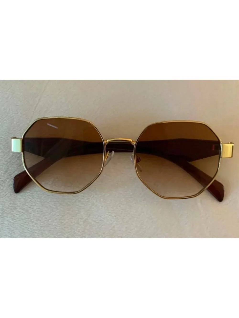 Unisex Vintage Style Octagonal Gold Frame Sunglasses W/ Gradient Tea Brown Lense